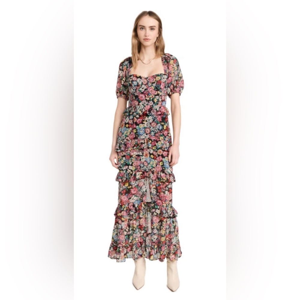 WAYF Cici Bustier Tier Maxi Dress Black Allover Floral S